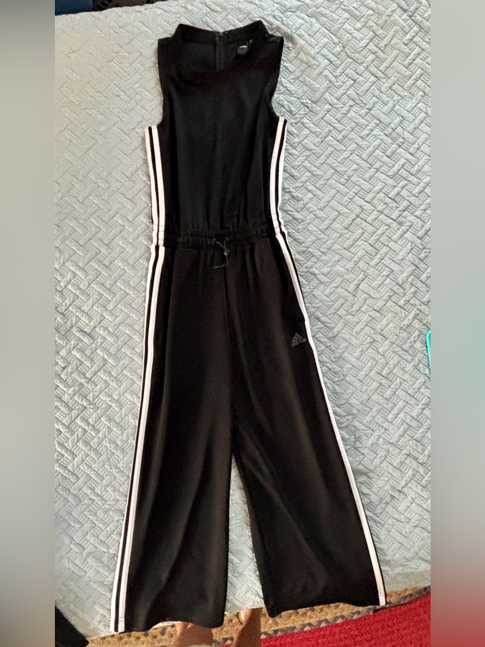 adidas Black Sleeveless Jumpsuit with White Side Stripes and Snaps